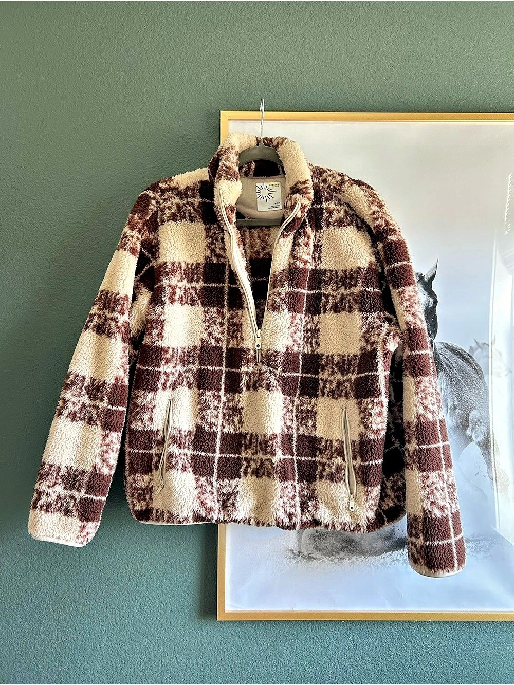 Offline by Aerie Fluffy Sherpa Quarter Zip Sweatshirt Brown & Cream Plaid Medium